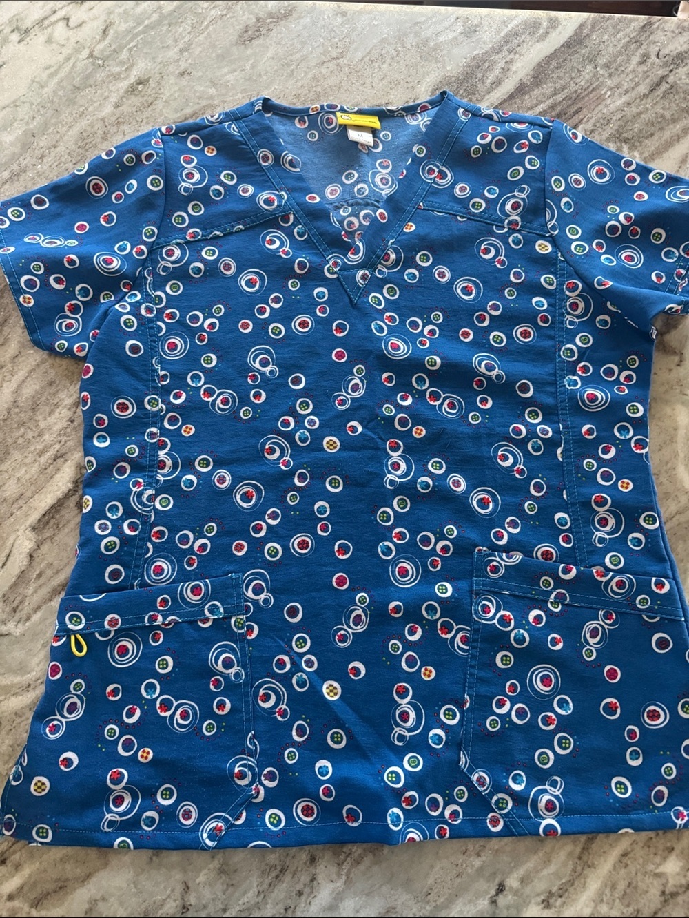 WonderWink Navy Blue V-Neck Scrub Top with Colorful Button Dot Print